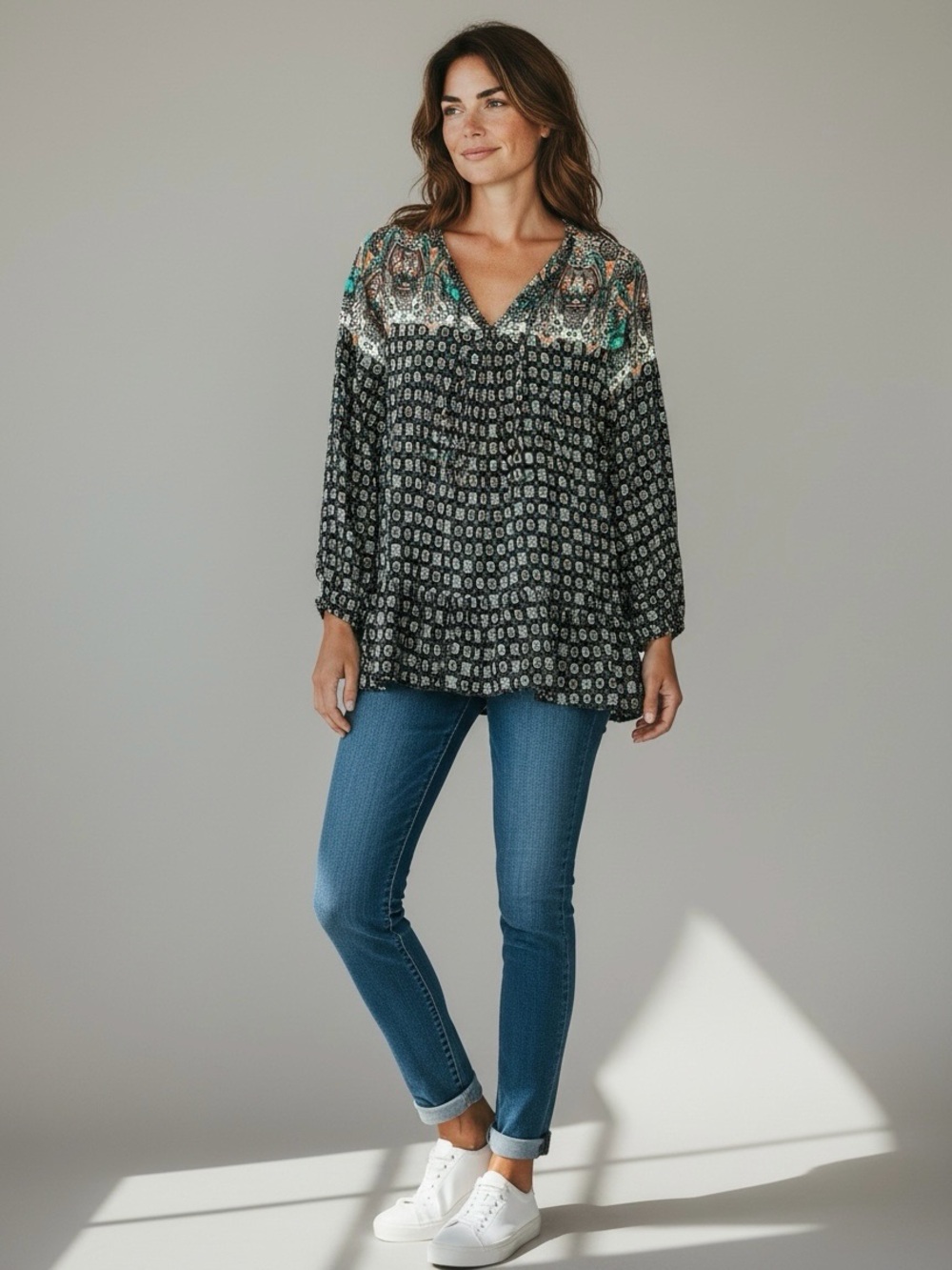Umgee Boho Paisley Peasant Tunic Top Large Black Teal Ruffle Hem - Picture 7 of 9